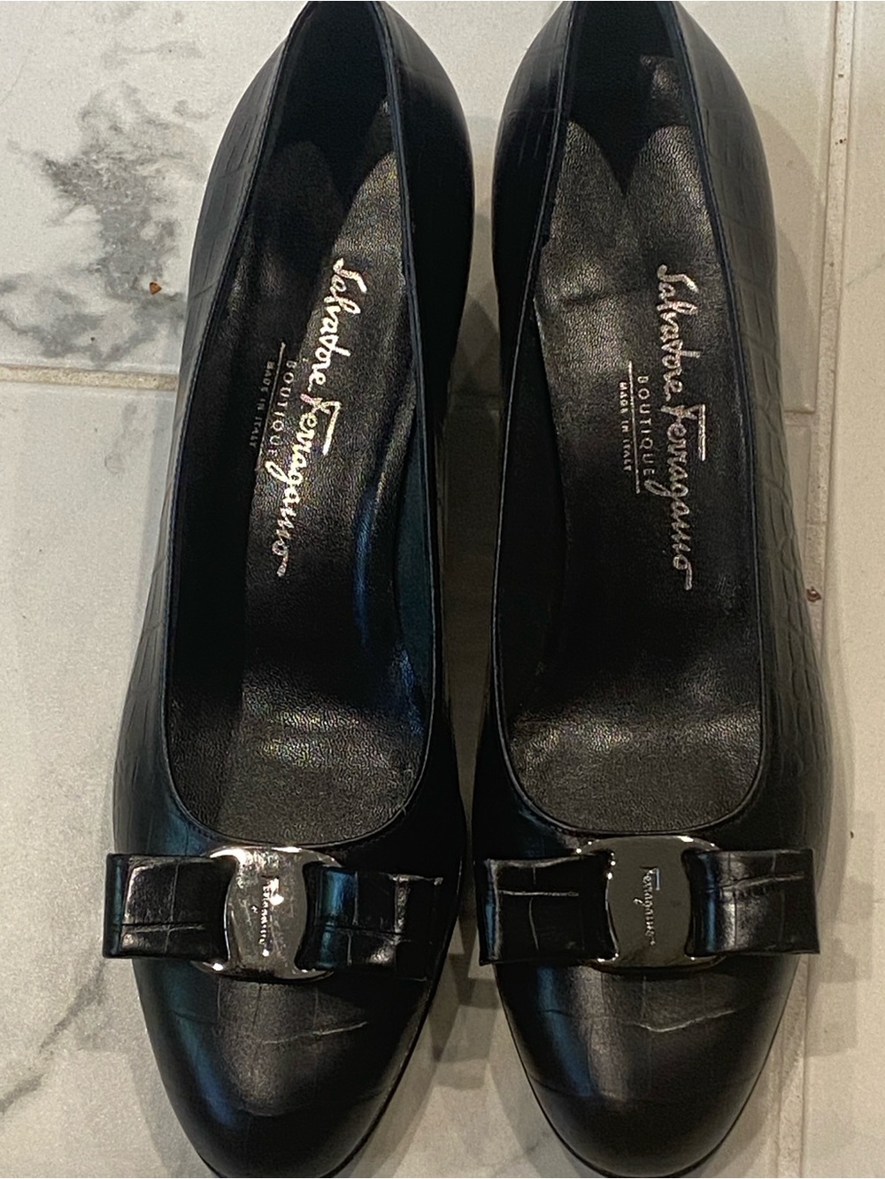 Salvatore Ferragamo Black Leather Bow Pump with Silver Hardware